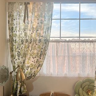 美式 小清新绿植窗帘半帘穿杆挂钩栀子花免打孔门帘粘贴魔术贴定制