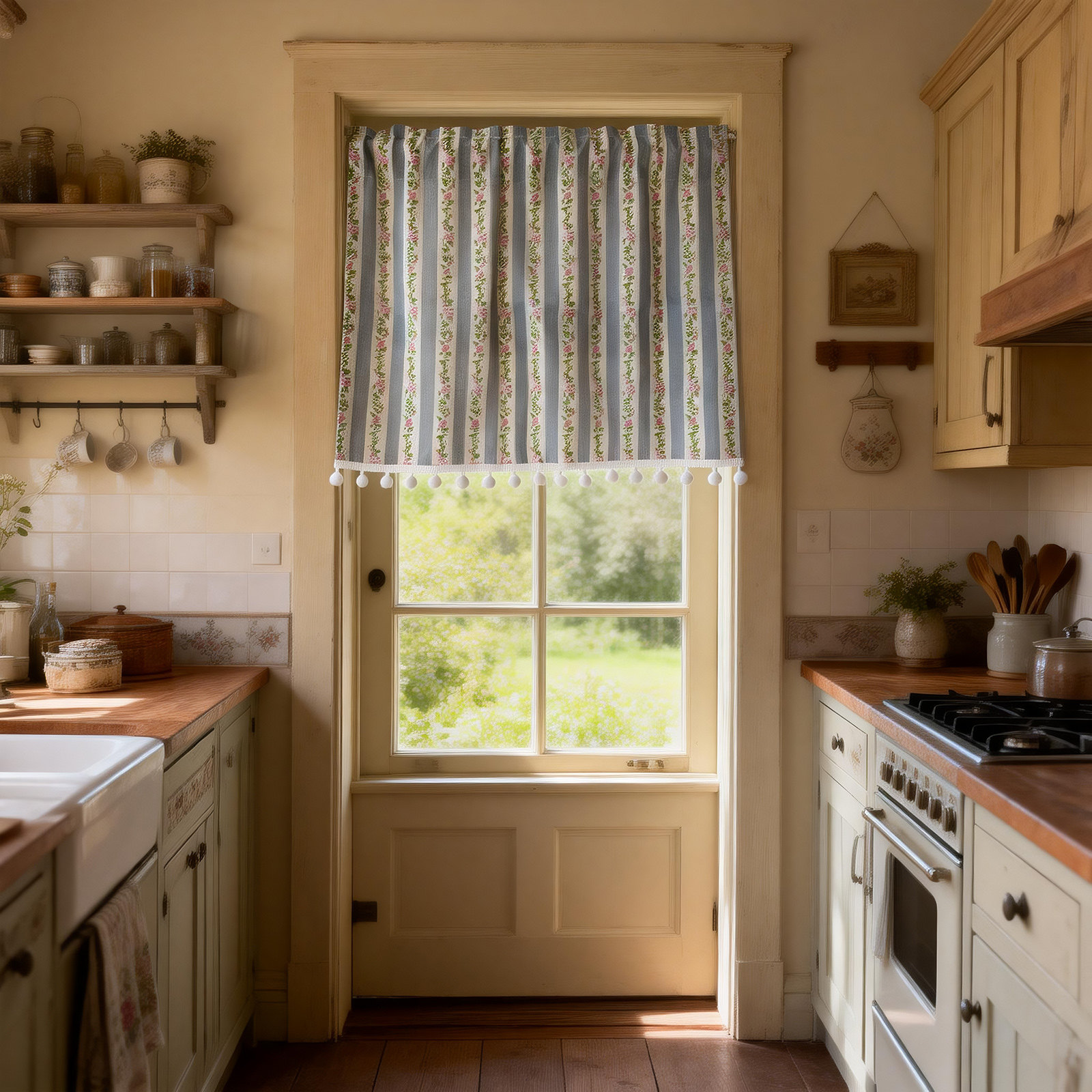 紫陌~南法梦~通往花房小径玫瑰碎花复古厨房美式半帘门帘窗帘定制,居家布艺,成品窗帘,淘宝优惠券,粉丝福利购,淘宝优惠卷