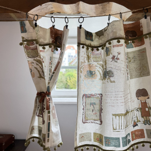 时光信笺半帘咖啡帘免打孔门帘法式 厨房窗帘柜子帘轨道帘粘贴 美式