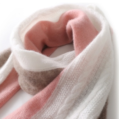 三色拼接秋冬100%山羊绒针织撞色围巾女长款保暖护颈麻花轻奢围脖