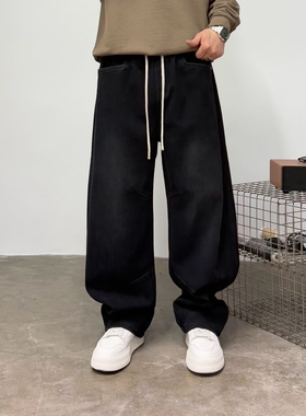 黑色牛仔裤男士秋冬季新款休闲长裤宽松直筒阔腿男生加绒裤子男款