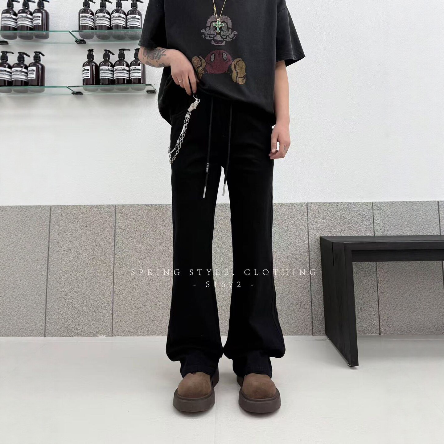 实体美式黑色微喇牛仔裤男生春秋季潮流直筒显瘦裤子高街修身长裤