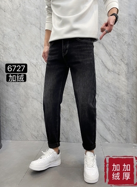 黑色弹力加绒牛仔裤男修身小脚男士牛仔裤秋冬款韩版潮流休闲裤子