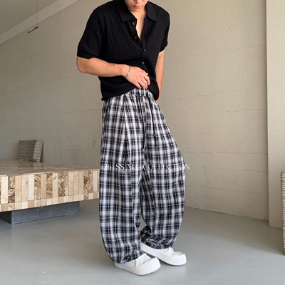 美式复古黑白格子裤子男款夏薄款高级慵懒感cleanfit弯刀阔腿长裤