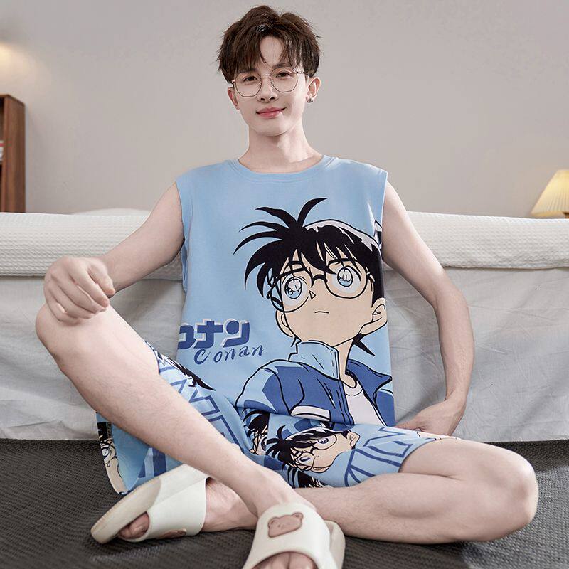 睡衣男士夏季纯棉薄2026新款无袖背心短裤卡通大码夏天家居服套装