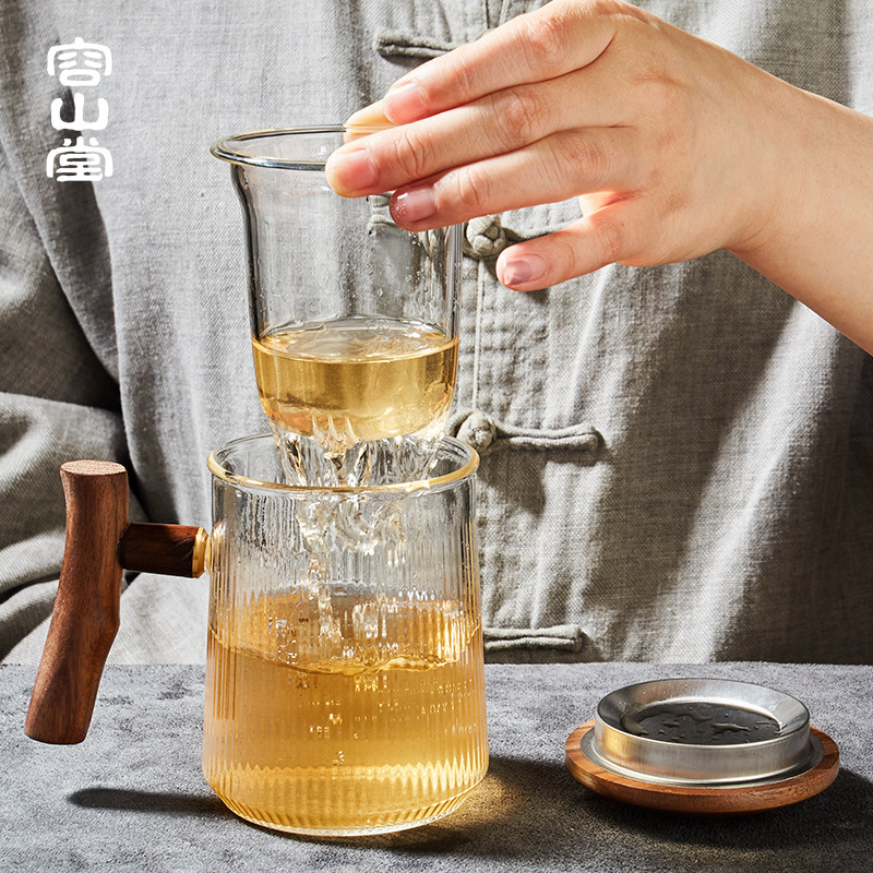 容山堂木把玻f璃杯过滤带盖泡茶杯个人绿茶杯花茶水杯实木加热底