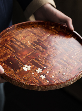 同合日本进口角馆桦细工樱树皮圆形复古拼接复古泡茶台甜点盘托盘