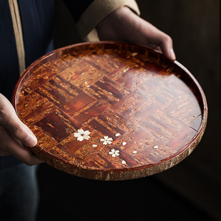 同合日本进口角馆桦细工樱树皮圆形复古拼接复古泡茶台甜点盘托盘