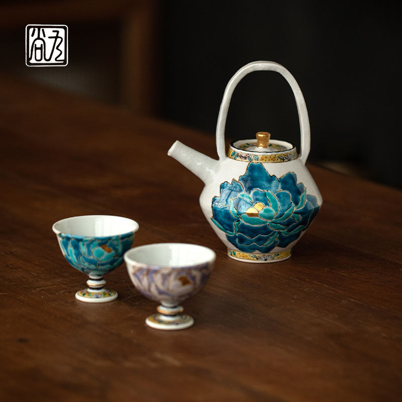 同合日本进口九谷烧青牡丹提梁茶壶日式手作泡茶壶高脚品茗杯茶杯