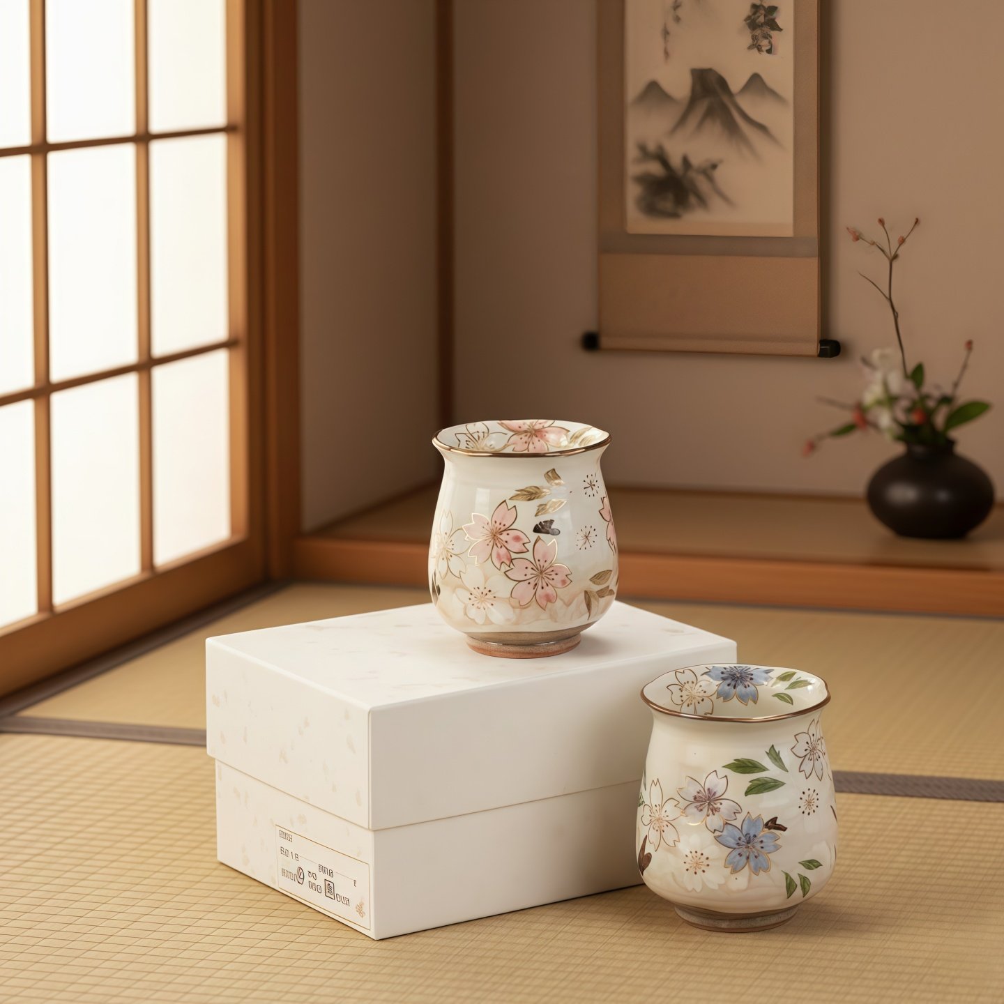 日本进口清水烧描金樱花茶杯套装日式高档手工陶瓷水杯情侣礼品杯