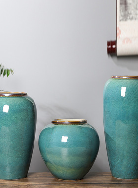 景德镇陶瓷三件套，新中式绿苹果花瓶，家居装饰干花摆件