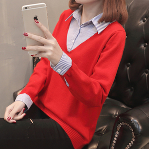 女装秋冬2020新款女士毛衣短款针织假两件衬衫领打底衫时尚上衣潮