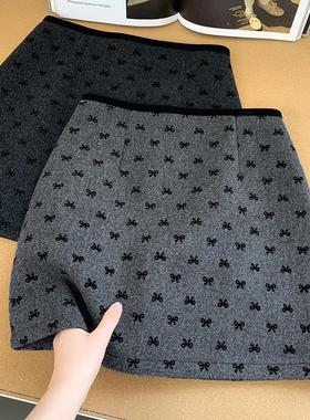 蝴蝶结小香风印花毛呢A字半身裙女2025冬季时尚高腰百搭休闲短裙