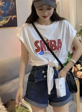 夏季小众设计感字母印花不规则系带短袖T恤女宽松显瘦纯棉上衣潮