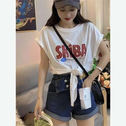 夏季小众设计感字母印花不规则系带短袖T恤女宽松显瘦纯棉上衣潮