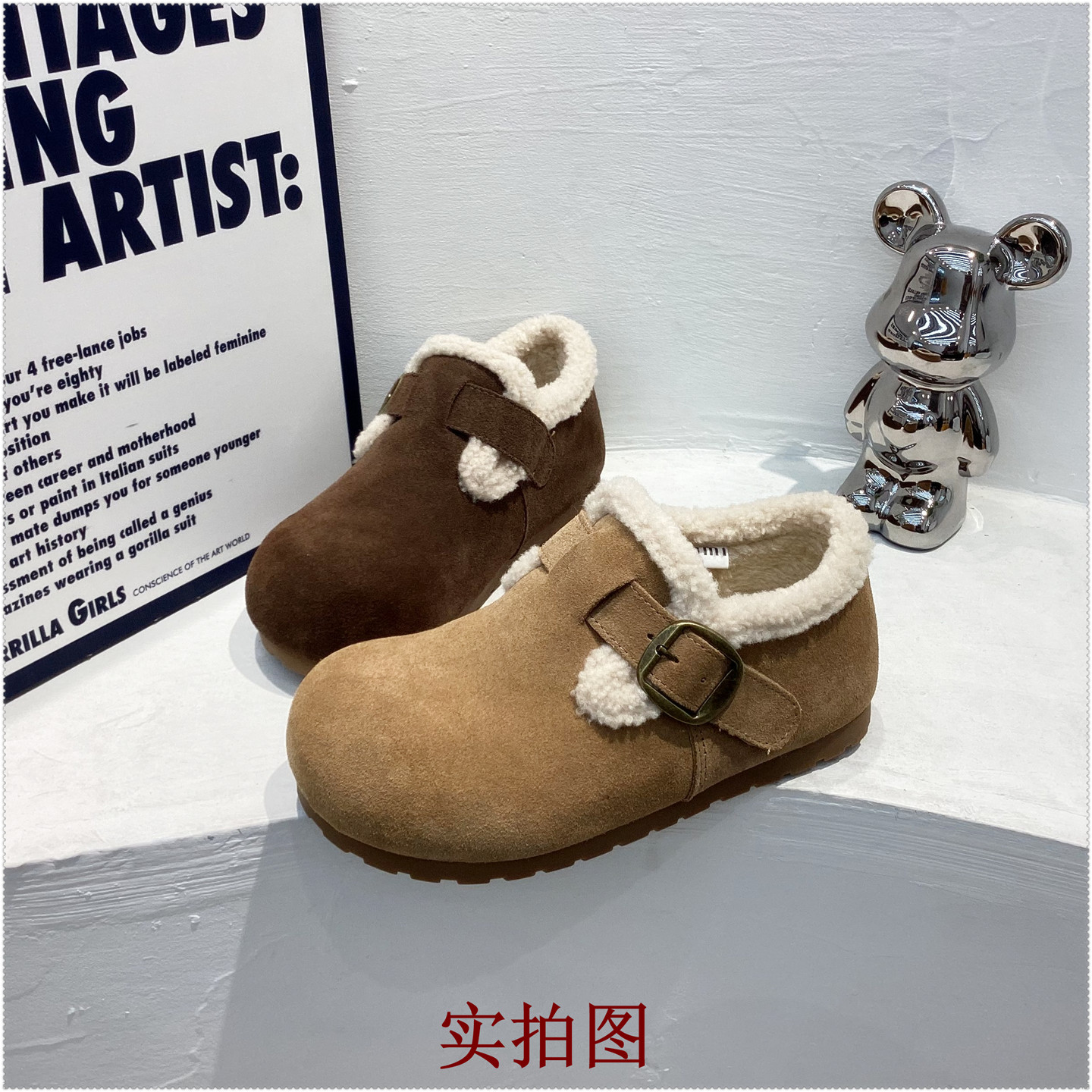 2025冬加绒保暖复古时尚勃肯鞋搭扣真皮磨砂皮女鞋魔术贴霏谜厚底