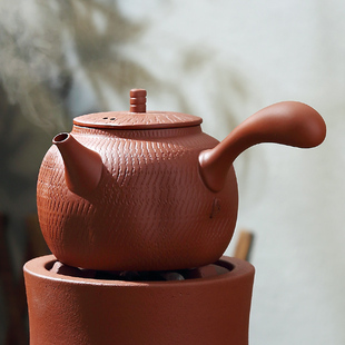 潮州朱泥陶壶 紫砂粗陶煮茶壶烧水壶 电陶炉侧把壶手工薄胚砂铫壶