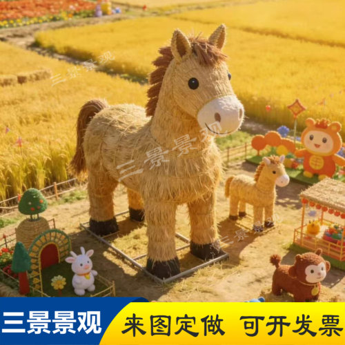 稻草马草编动物造型巨型雕塑大型稻草景观稻田造景手工稻草人模型
