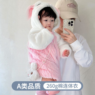 卡通连帽女宝宝连体衣秋冬款加绒加厚保暖可爱兔子造型亲子装260g