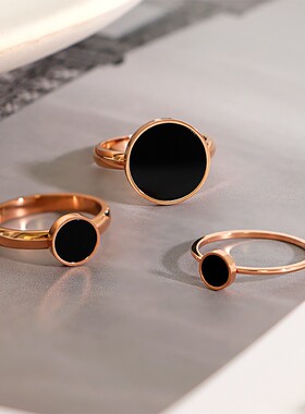 日韩个性黑色戒指 女镀18K玫瑰金食指环装饰戒子潮人钛钢饰品