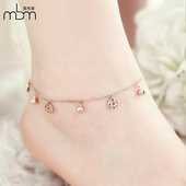 韩版 时尚 多串铜钱铃铛镀18K玫瑰金彩金脚链女钛钢饰品生日礼物