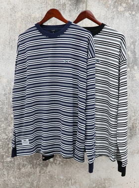 180 185码日系 BMS HERT经典黑白海军蓝条纹 宽松版型 男长袖tee