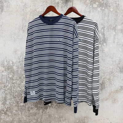 180 185码日系 BMS HERT经典黑白海军蓝条纹 宽松版型 男长袖tee