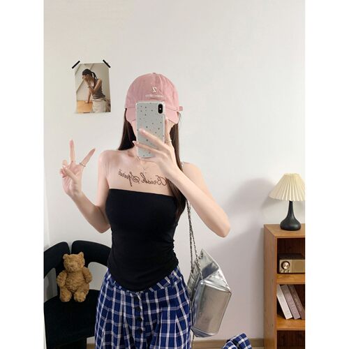 3085#夏季新款辣妹风网纱字母烫钻设计背心女修身固定带胸垫上衣