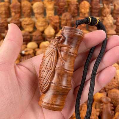 实木雕刻金蝉知了知足常乐手把件