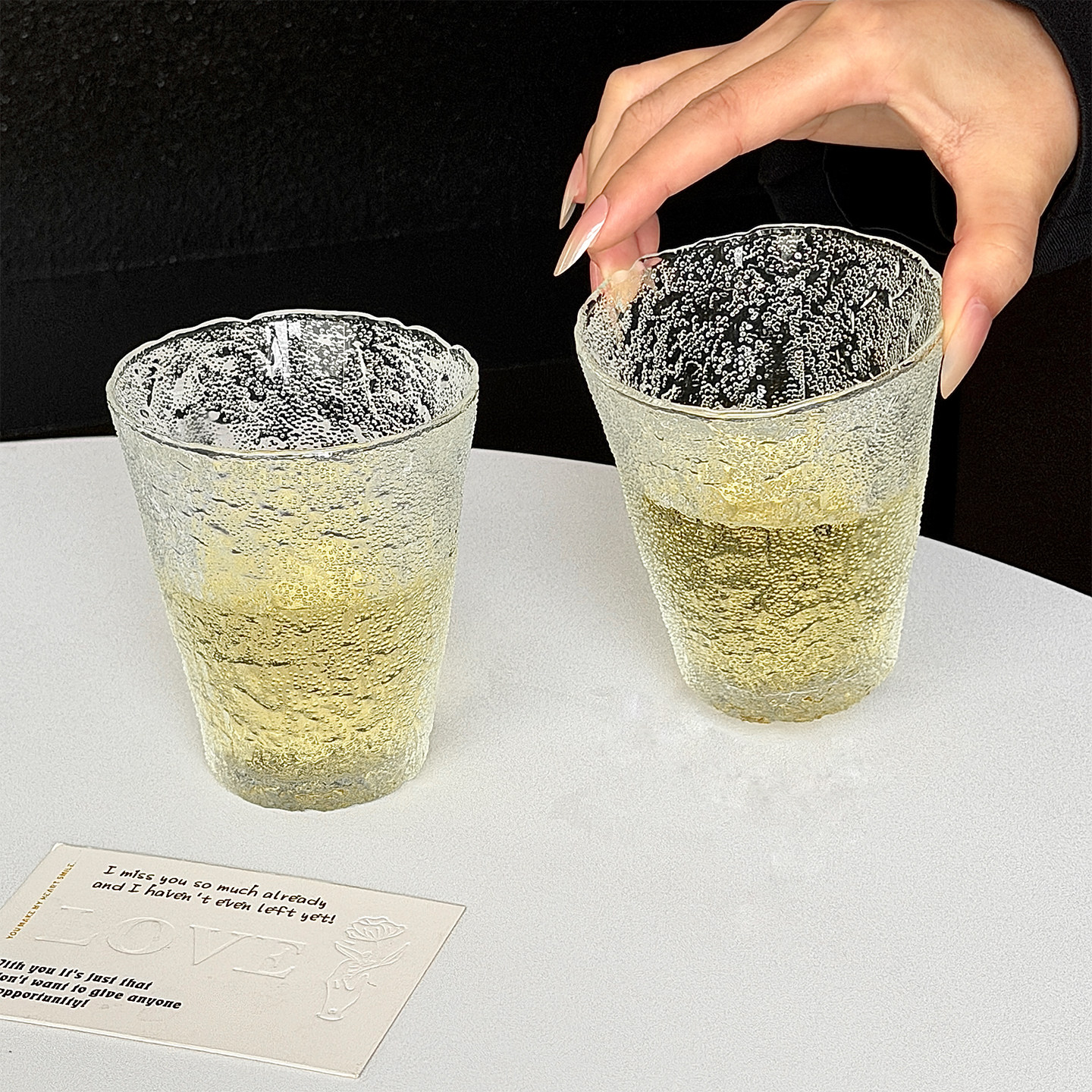 日式磨砂ins冰川纹玻璃杯透明网红餐厅高颜值水杯果汁杯咖啡杯