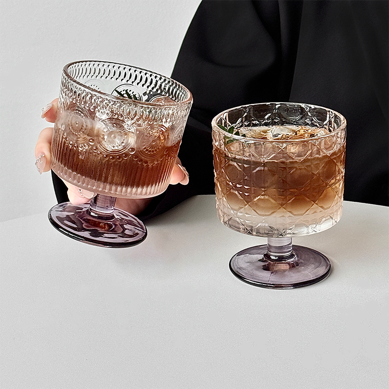 复古紫杆花纹浮雕玻璃杯家用高颜值高脚冰淇淋甜品杯咖啡果汁酒杯,餐饮具,玻璃杯,淘宝优惠券,粉丝福利购,淘宝优惠卷