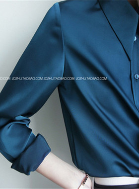 JO-JO-Z 复古宝蓝色小尖领丝缎哑光质感长袖衬衫 女上衣气质chic