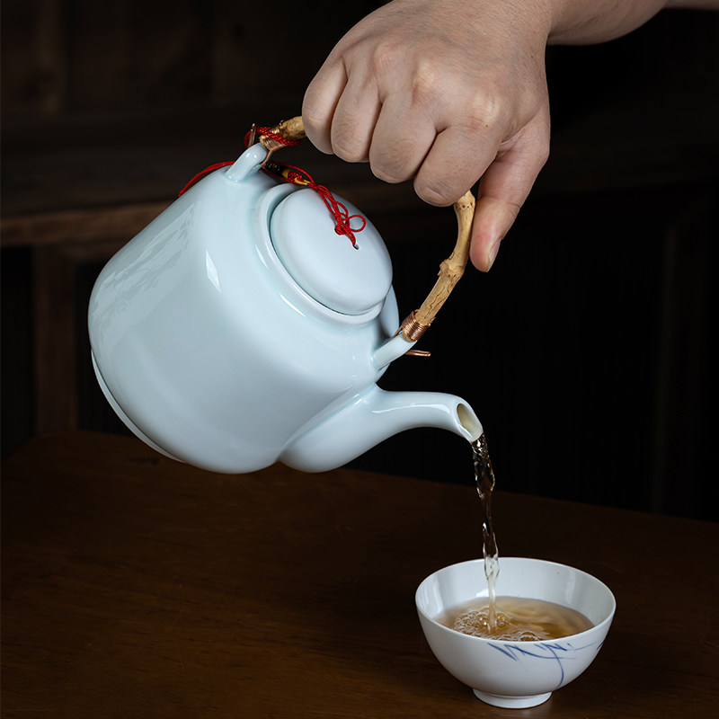 景德镇影青简约陶瓷茶壶竹柄提梁壶功夫茶具中式泡茶壶家用小茶壶