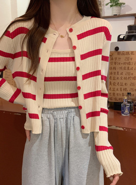 条纹两件套针织衫韩国秋季圆领长袖开衫外套吊带背心女百搭休闲潮