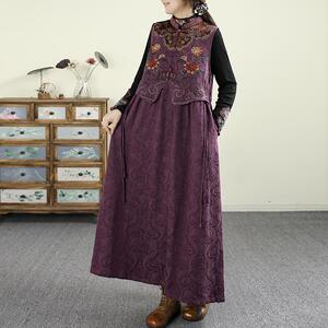 千秋飞燕复古国风重工刺绣连衣裙女春秋提花立领流苏无袖马甲裙