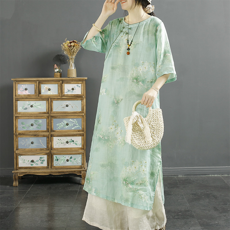 千秋飞燕国风盘扣印花改良苎麻连衣裙女夏季新款斜襟改良旗袍长裙