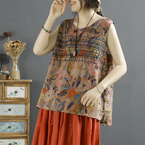 千秋飞燕复古国风刺绣印花苎麻背心女夏季新款宽松圆领内搭上衣
