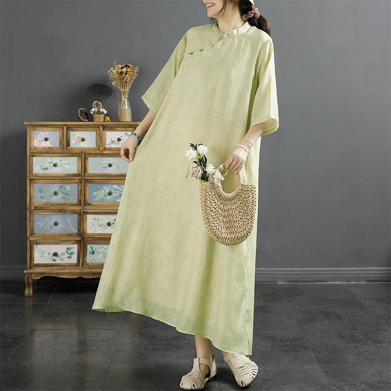 千秋飞燕中式国风改良提花天丝苎麻连衣裙女夏季斜襟盘扣旗袍长裙