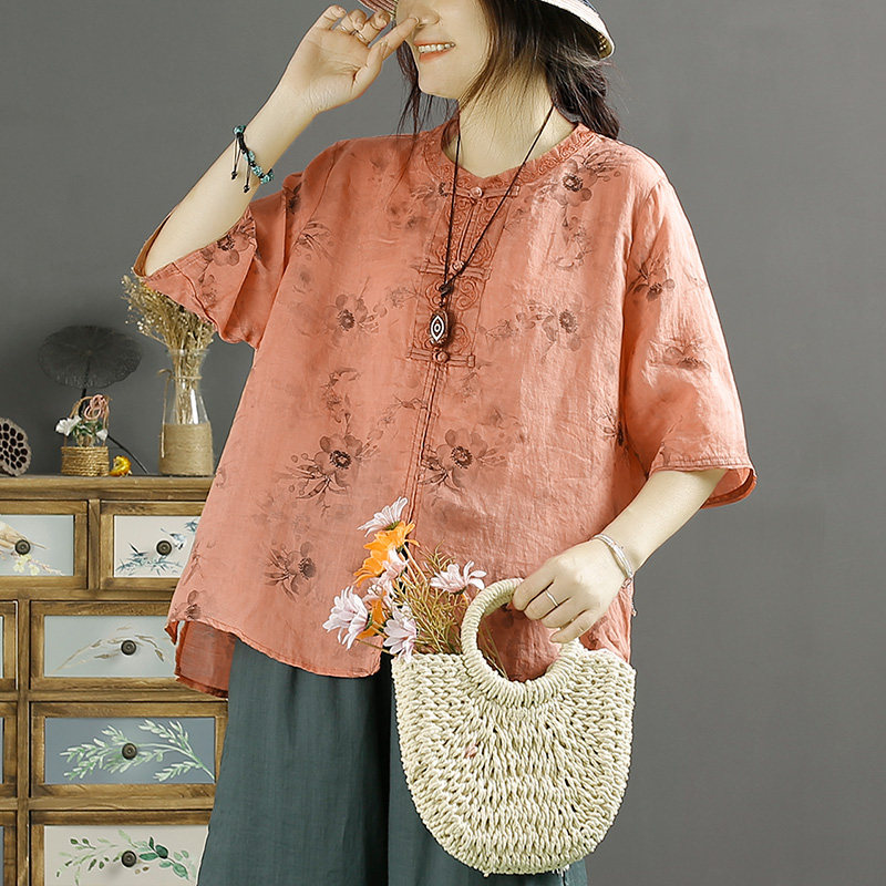 千秋飞燕国风盘扣印花刺绣苎麻衬衫女夏季新款宽松立领唐装上衣