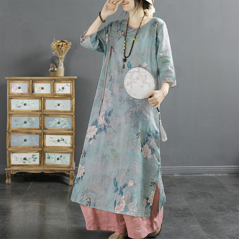 千秋飞燕复古国风斜襟印花苎麻连衣裙女夏季中式流苏盘扣旗袍长裙