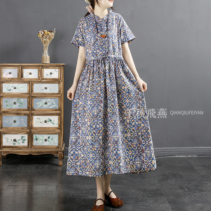 千秋飞燕清新文艺亚麻小碎花连衣裙女夏季新款收腰短袖中长款裙子