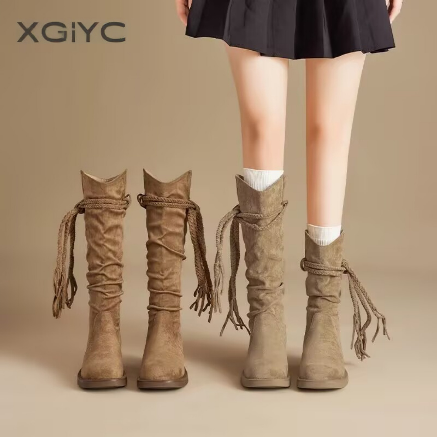 复古废土流苏骑士靴粗跟