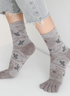 五指袜女兔毛绒冬款中筒加厚花朵提花吸汗保暖兔毛分趾袜 3双包邮