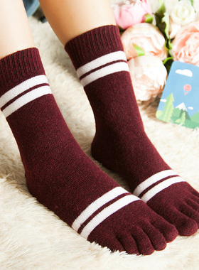 3双装冬季加厚中筒羊毛五指袜女 纯棉保暖加羊绒分脚趾袜盒装包邮