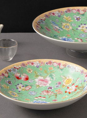 创意中式复古餐具珐琅彩圆形沙拉碗大汤碗大容量商用陶瓷深盘菜盘