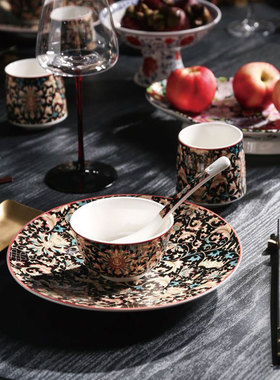 新中式酒店摆台意境陶瓷彩绘花茶杯碟碗勺餐厅复古台面成套餐具