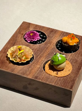 位上木制正方盛器盘子西餐厅打孔木碟分子料理餐具盒四格餐具拼盘