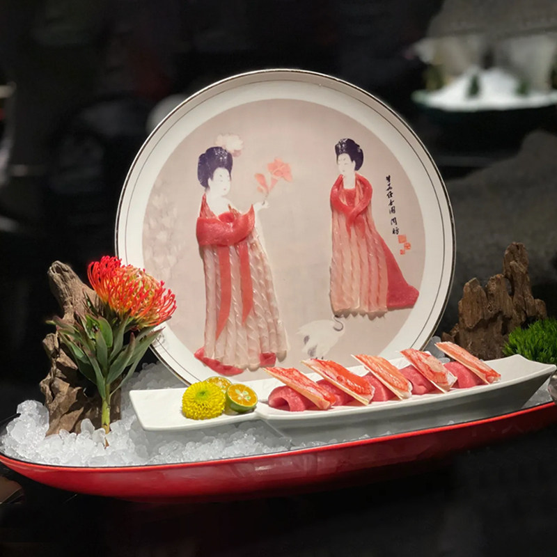 高档酒店创意簪花仕女图意境菜盘三文鱼海鲜姿造装饰盘骨质瓷餐具