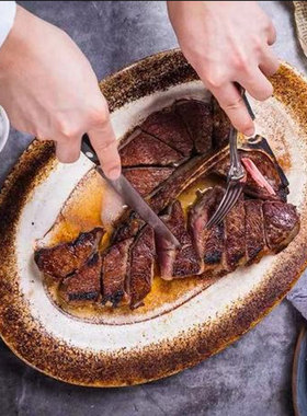 美式纯白色耐高温陶瓷西餐盘牛排盘餐厅干式熟成牛排烤箱加热盘子