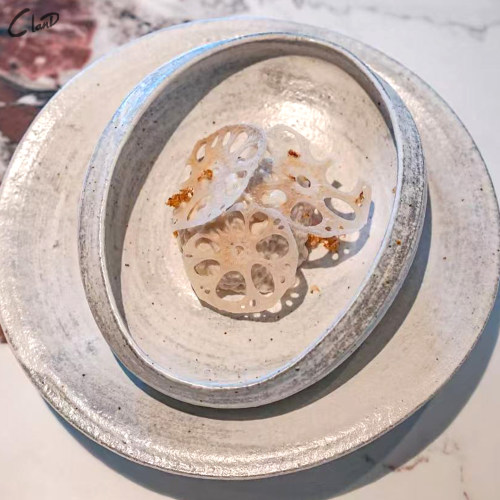 复古粗陶粉引异形盘点心甜品盘贝壳形汤面碗海鲜刺身菜盘商用餐具